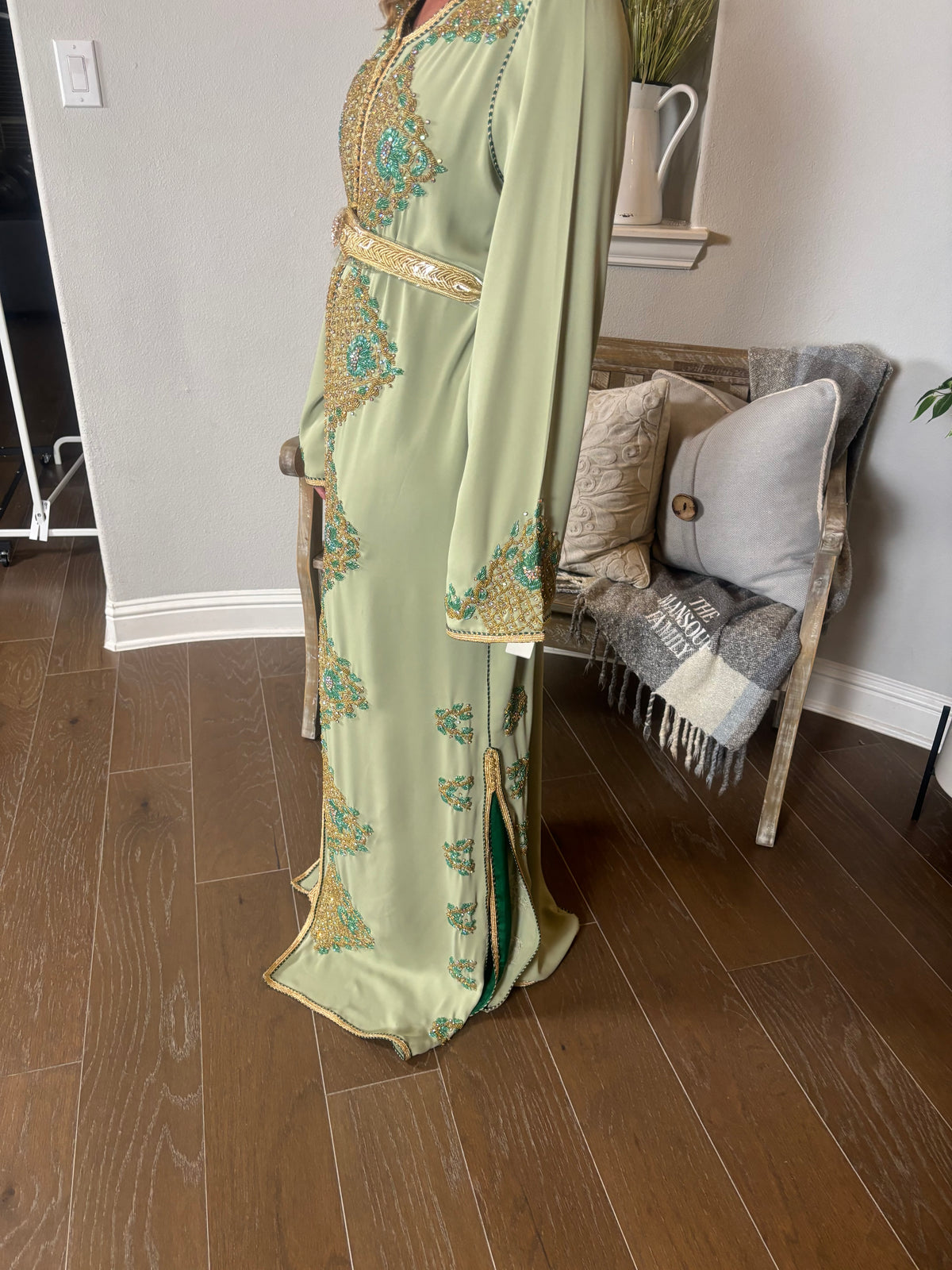 Champagne Sage Takchita | Gold & Teal Moroccan Caftan