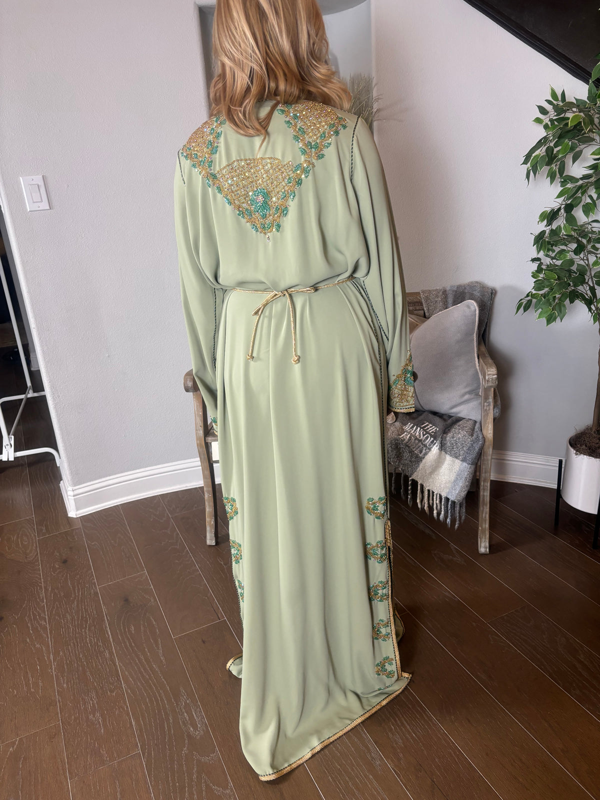 Champagne Sage Takchita | Gold & Teal Moroccan Caftan