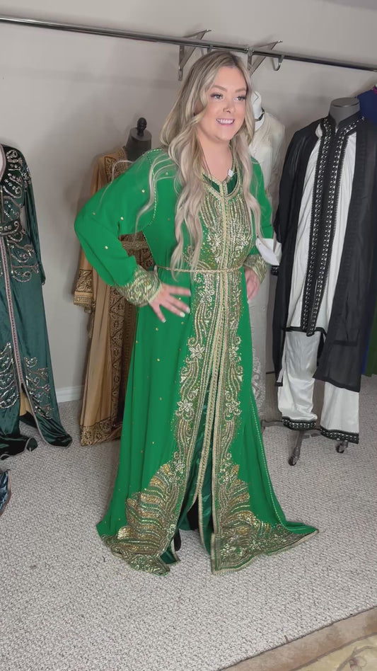 Emerald Majesty Gold Embroidered Moroccan Caftan