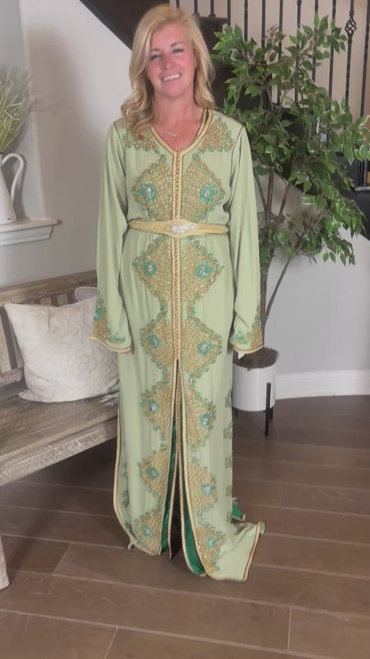 Champagne Sage Takchita | Gold & Teal Moroccan Caftan