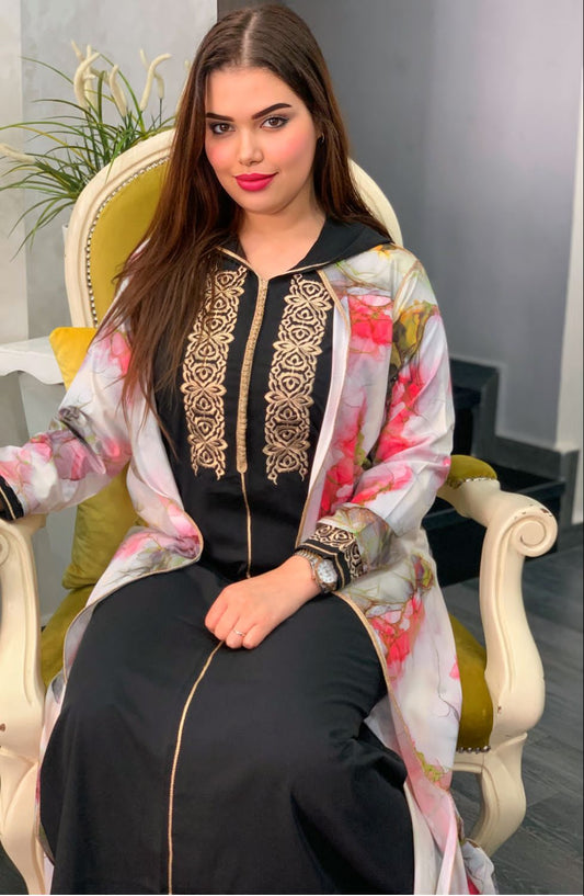 2 PC JELLABA WITH MULTICOLORED TOP & EMBROIDERY ON THE CHEST AREA
