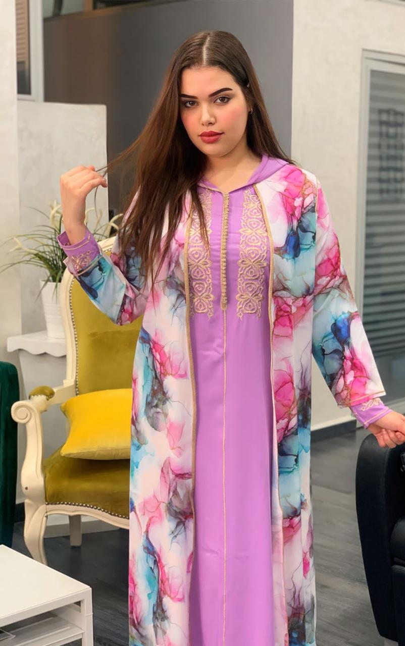 2 PC JELLABA WITH MULTICOLORED TOP & EMBROIDERY ON THE CHEST AREA
