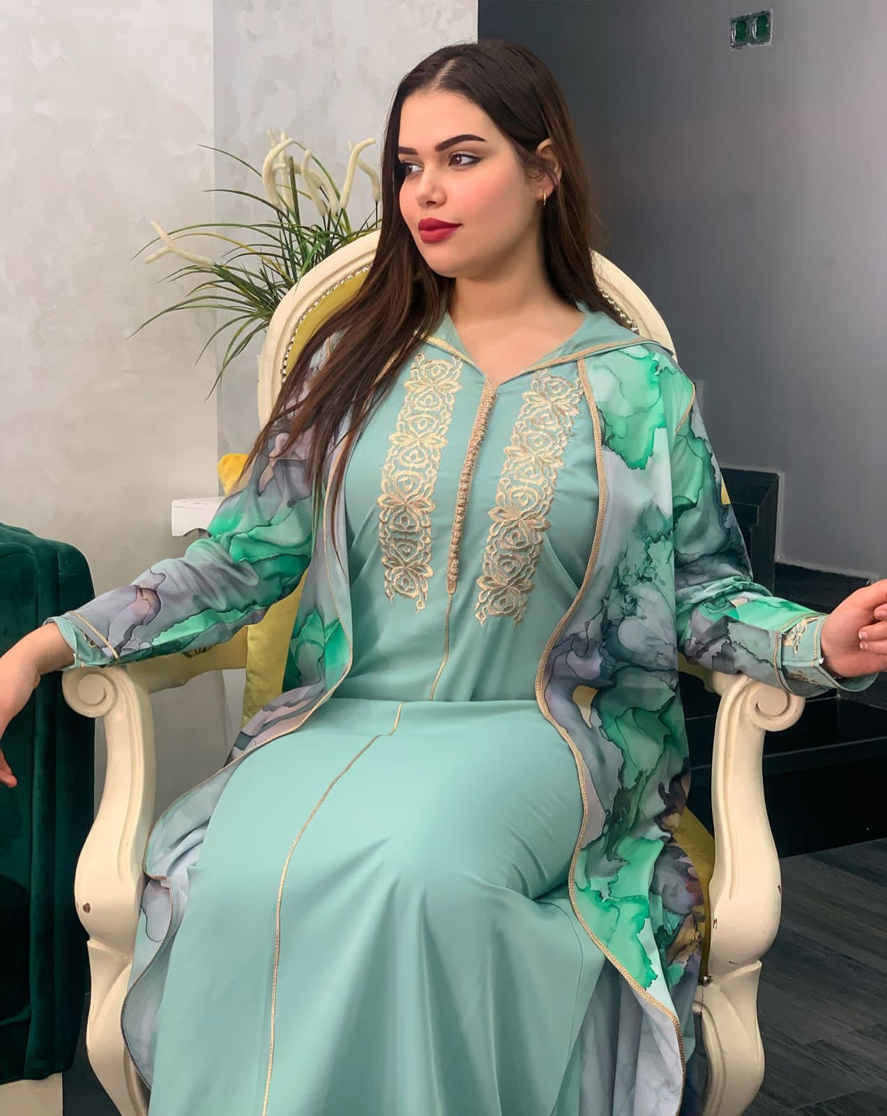 2 PC JELLABA WITH MULTICOLORED TOP & EMBROIDERY ON THE CHEST AREA