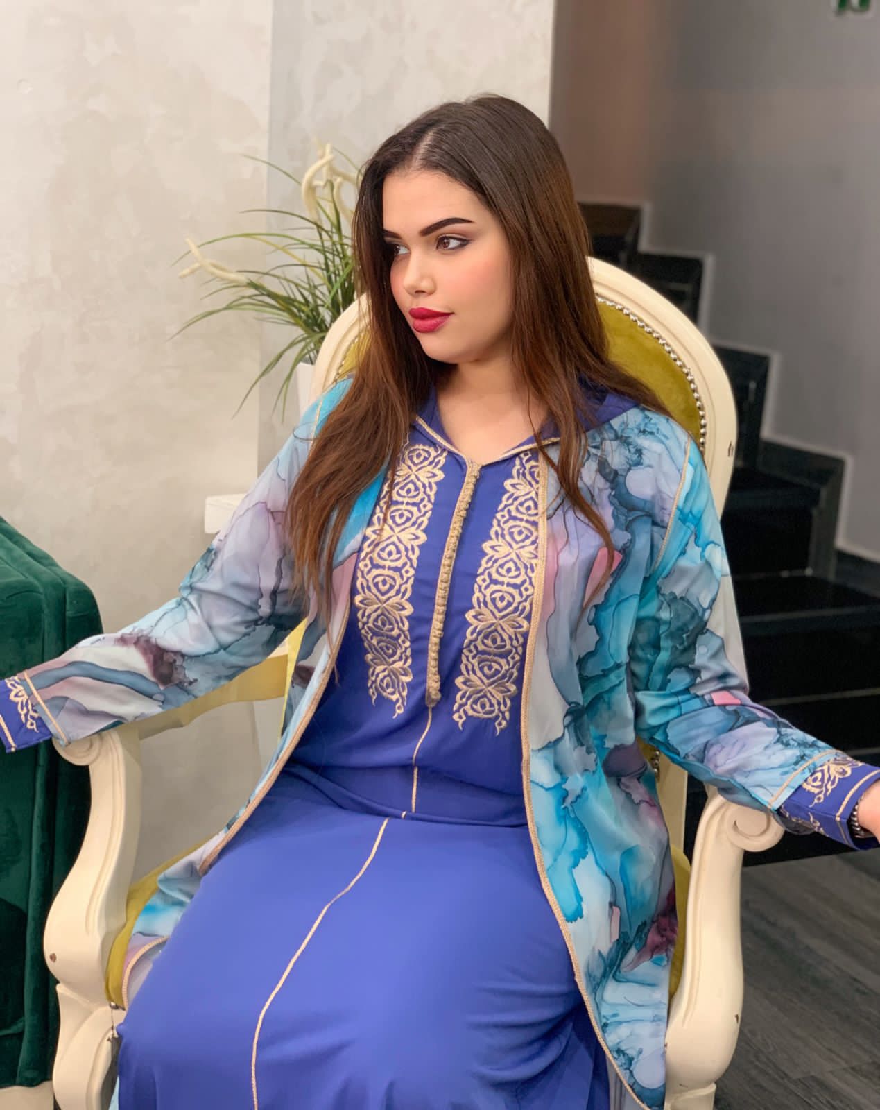 2 PC JELLABA WITH MULTICOLORED TOP & EMBROIDERY ON THE CHEST AREA