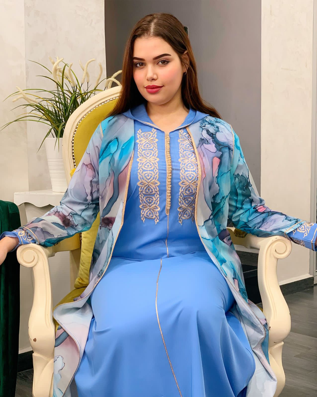 2 PC JELLABA WITH MULTICOLORED TOP & EMBROIDERY ON THE CHEST AREA