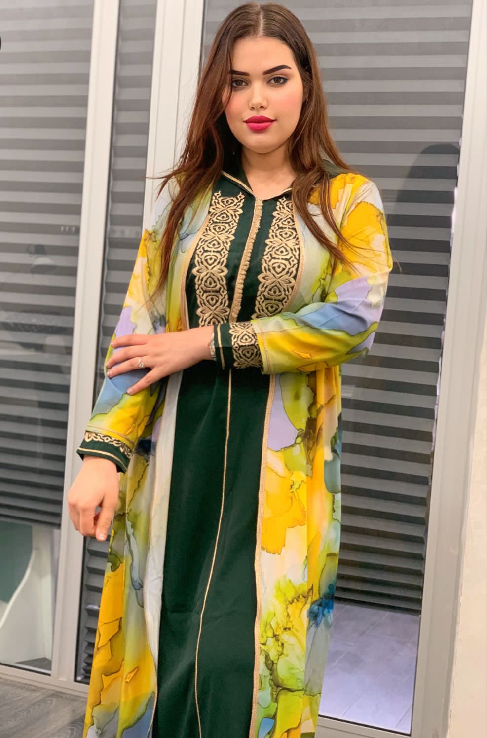 2 PC JELLABA WITH MULTICOLORED TOP & EMBROIDERY ON THE CHEST AREA
