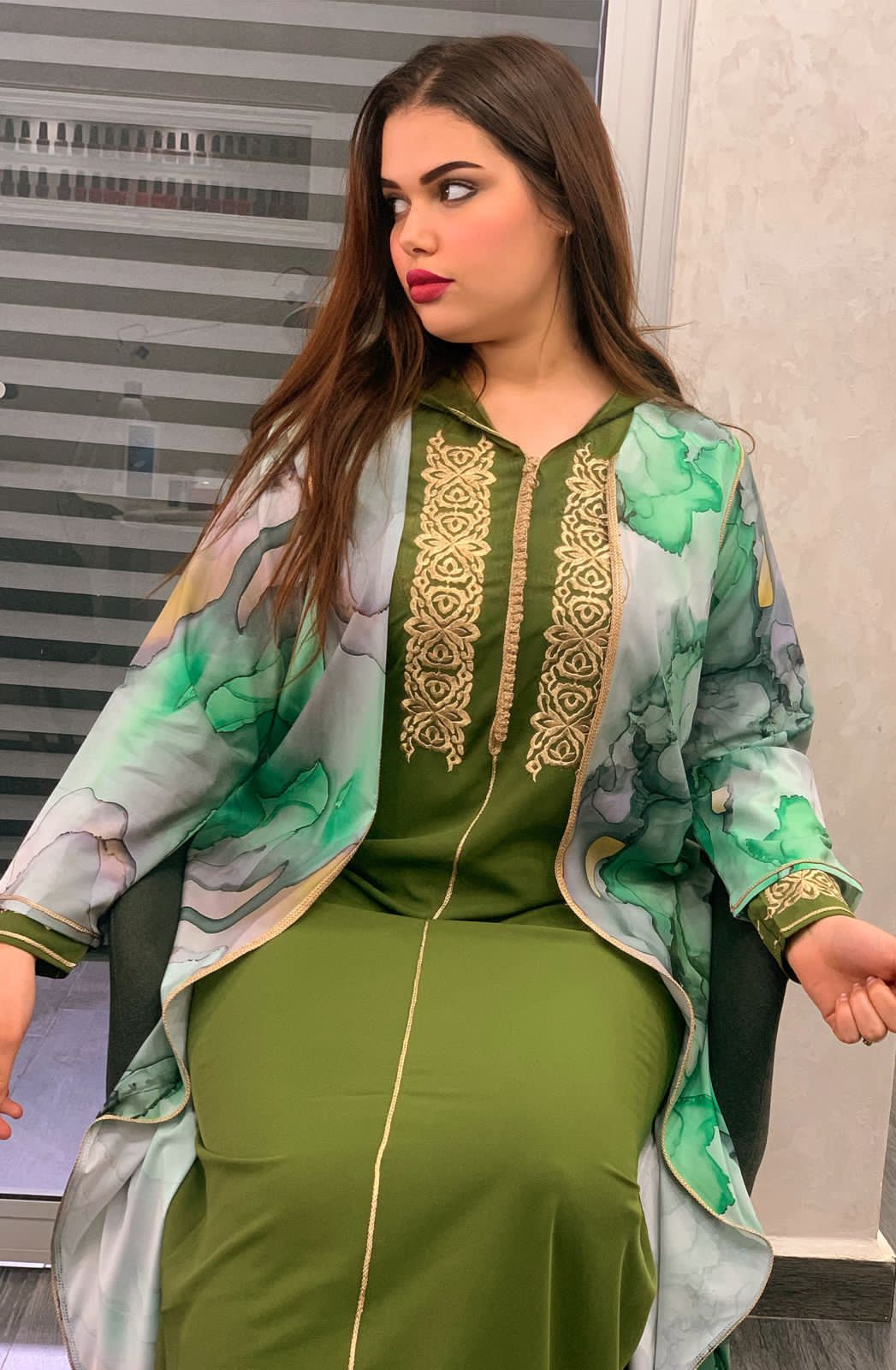 2 PC JELLABA WITH MULTICOLORED TOP & EMBROIDERY ON THE CHEST AREA