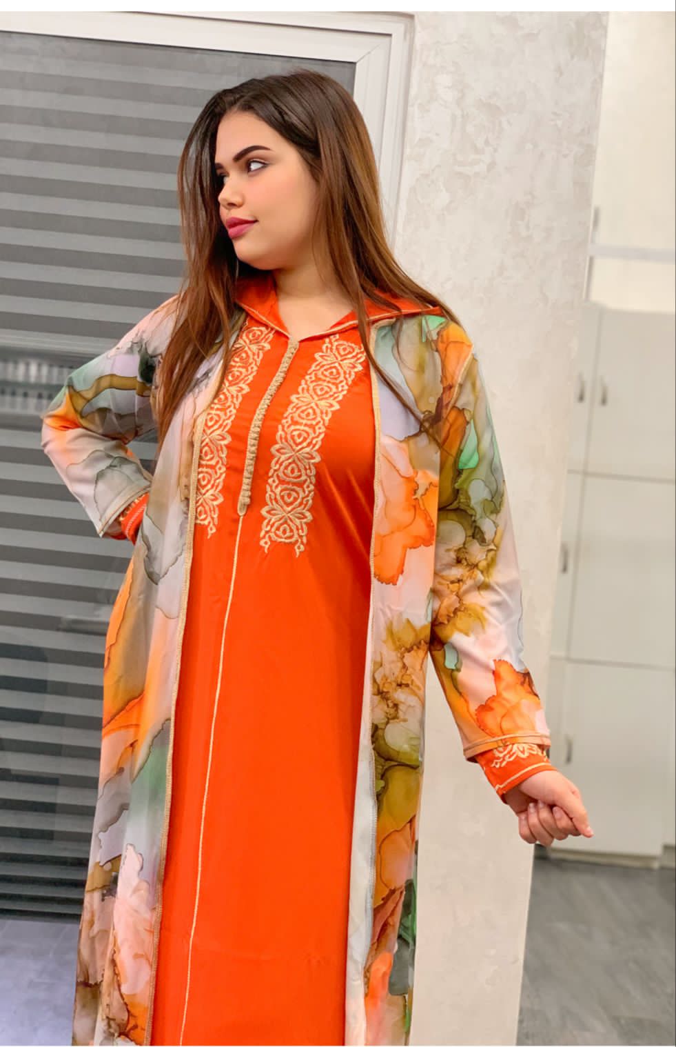 2 PC JELLABA WITH MULTICOLORED TOP & EMBROIDERY ON THE CHEST AREA