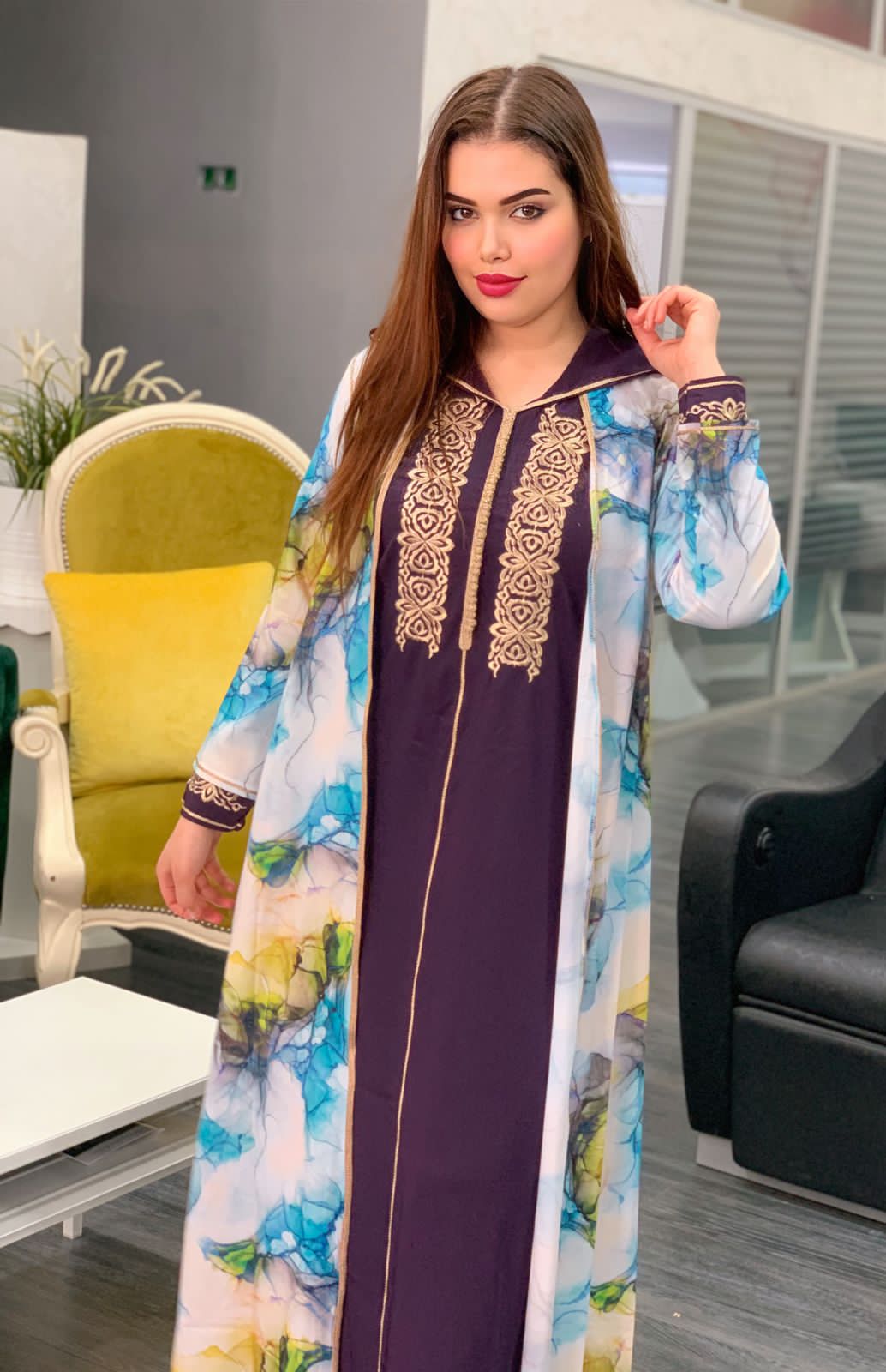 2 PC JELLABA WITH MULTICOLORED TOP & EMBROIDERY ON THE CHEST AREA