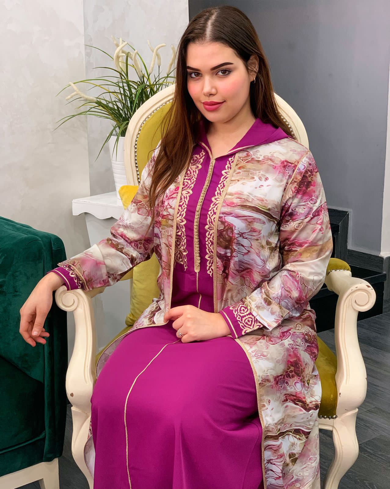 2 PC JELLABA WITH MULTICOLORED TOP & EMBROIDERY ON THE CHEST AREA