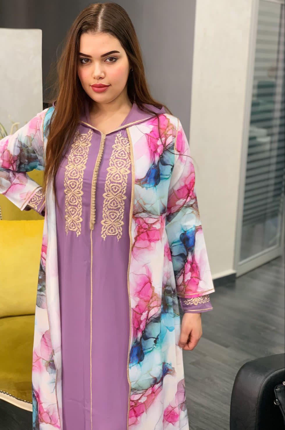 2 PC JELLABA WITH MULTICOLORED TOP & EMBROIDERY ON THE CHEST AREA