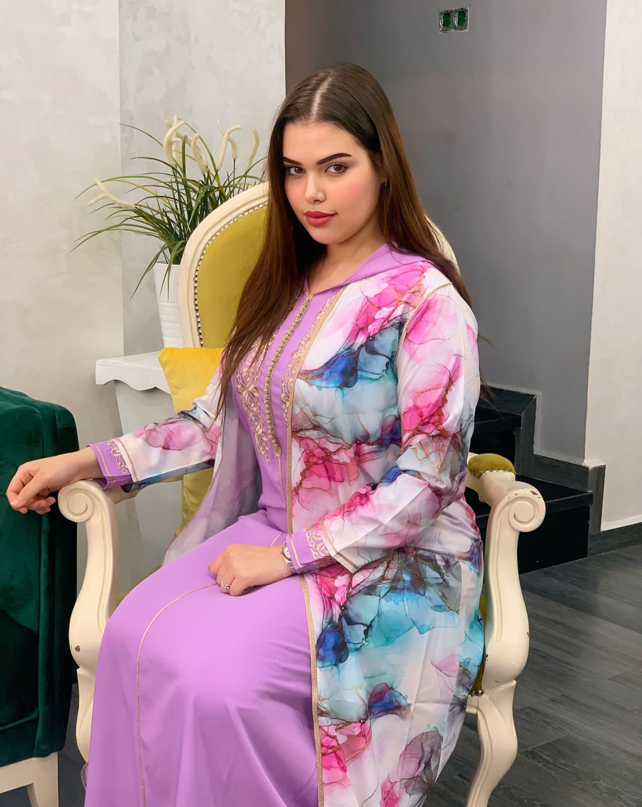 2 PC JELLABA WITH MULTICOLORED TOP & EMBROIDERY ON THE CHEST AREA