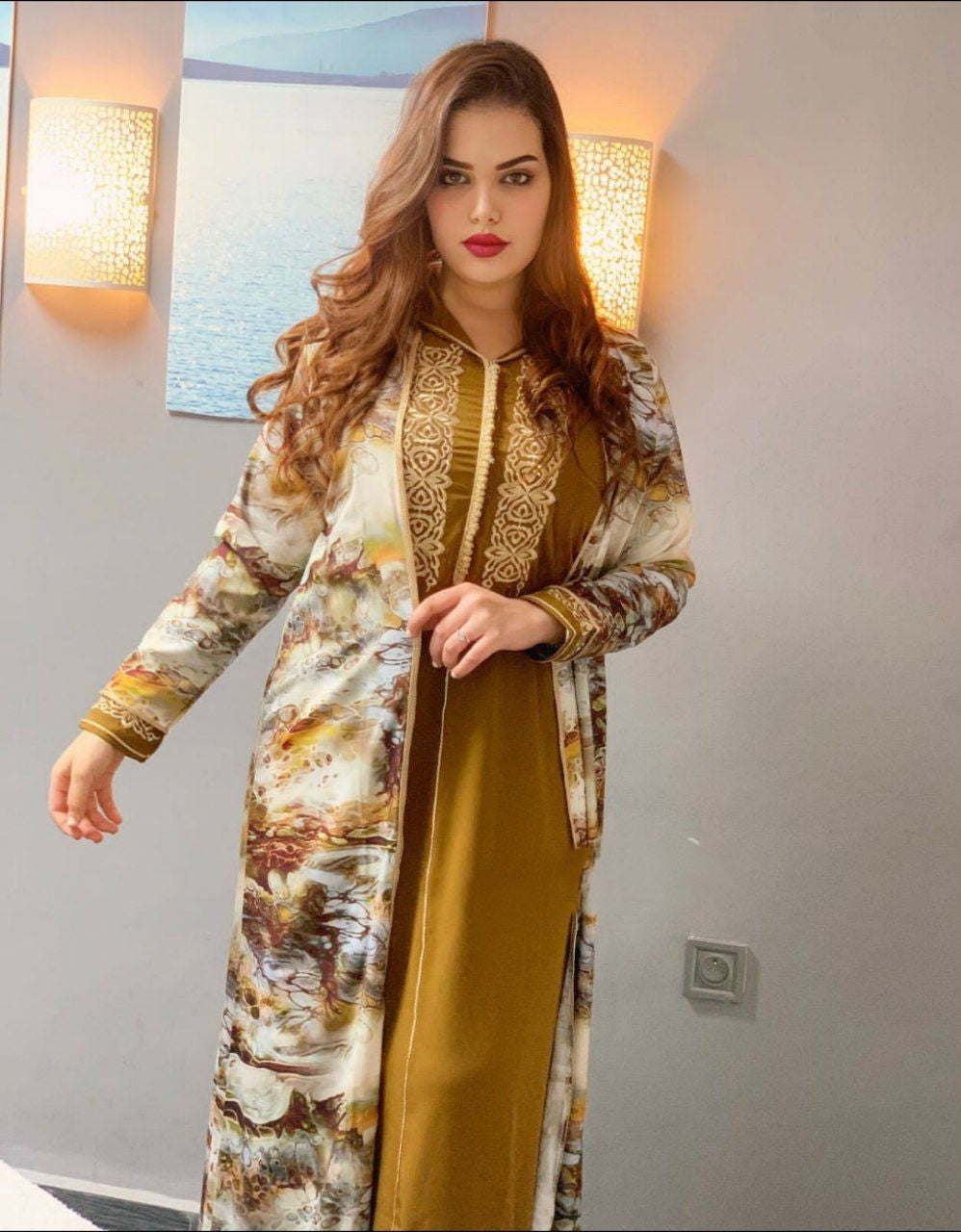 2 PC JELLABA WITH MULTICOLORED TOP & EMBROIDERY ON THE CHEST AREA