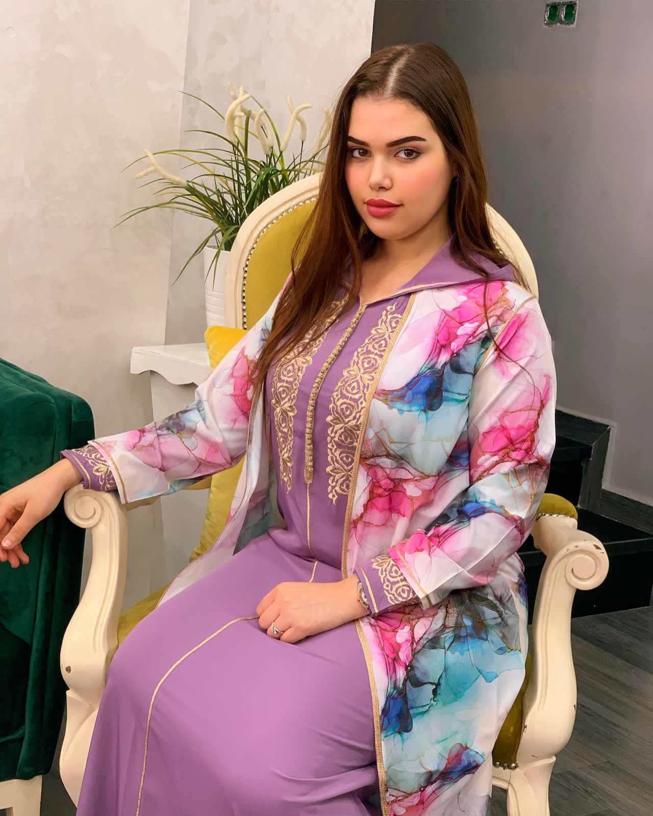 2 PC JELLABA WITH MULTICOLORED TOP & EMBROIDERY ON THE CHEST AREA
