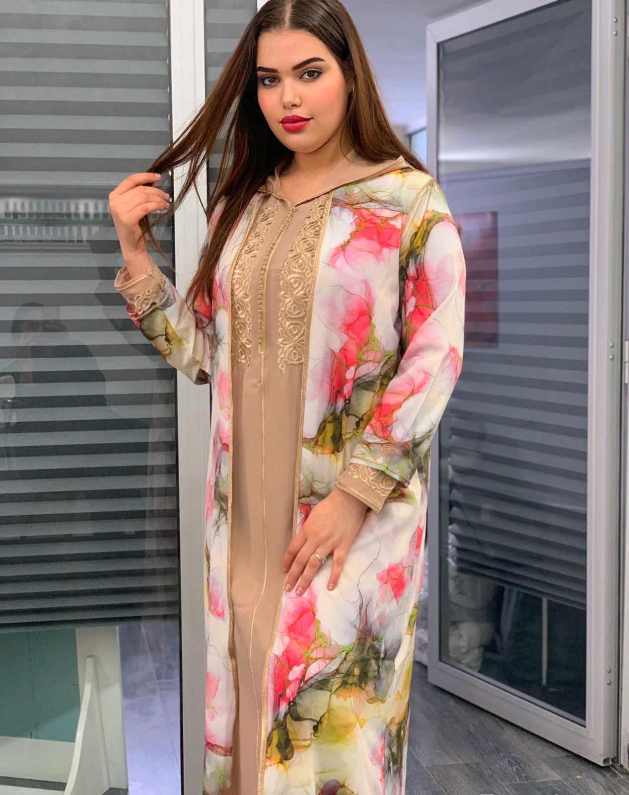 2 PC JELLABA WITH MULTICOLORED TOP & EMBROIDERY ON THE CHEST AREA