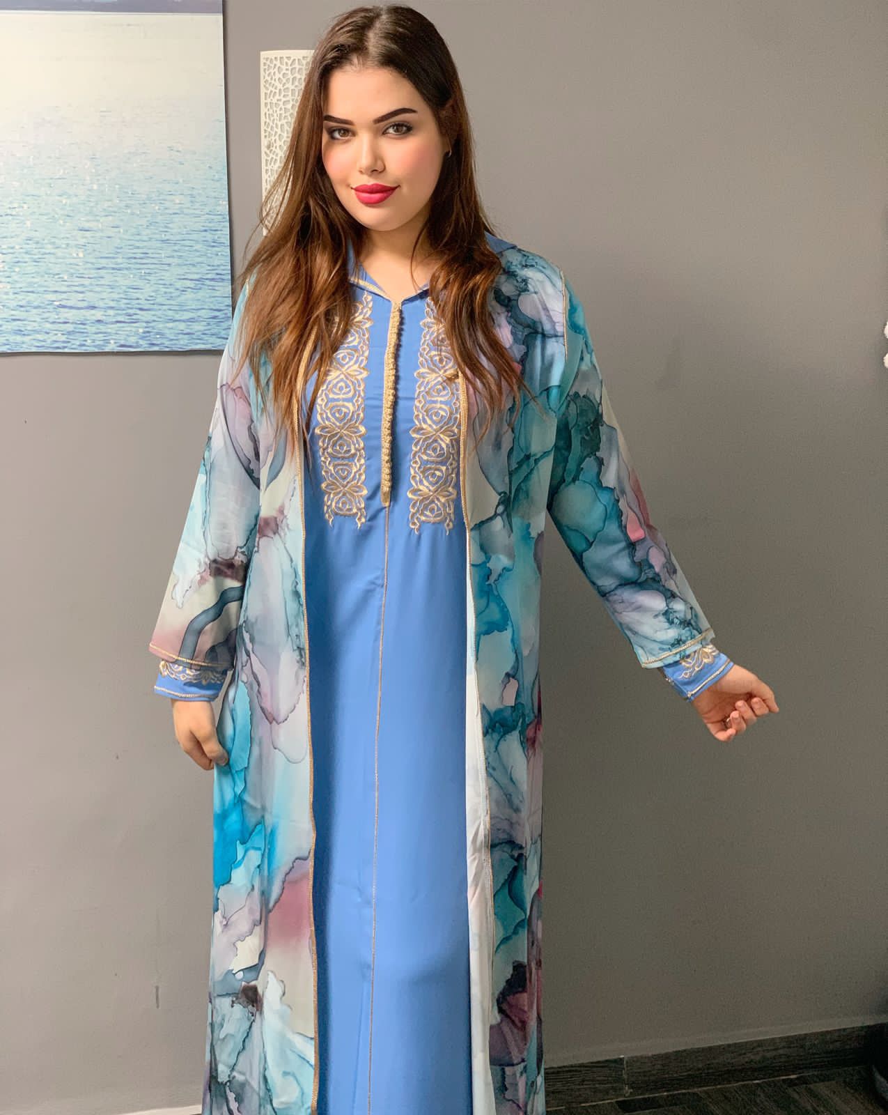 2 PC JELLABA WITH MULTICOLORED TOP & EMBROIDERY ON THE CHEST AREA